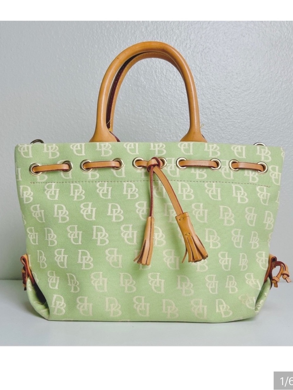 VINTAGE DOONEY & BOURKE LIGHT GREEN MONOGRAM CANVAS TOTE BAG WITH LEATHER TRIM